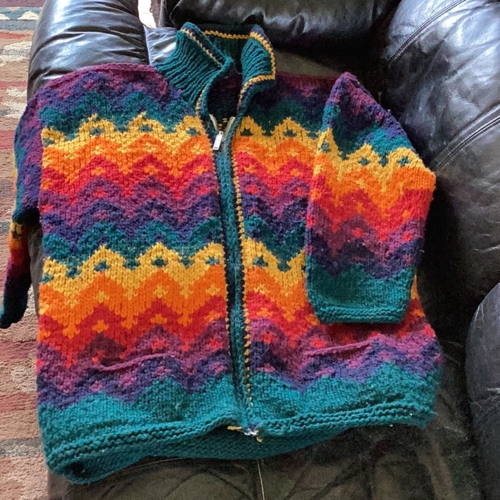 🔥 VTG CARDIGAN SWEATER ECUADOR CUSTOM MADE WARM BOLD & BRIGHT COLORFUL EPLVC